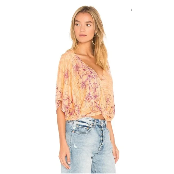 Free People One Dance Dolman Sleeve Top M Coral Floral Twist Front OB615271 - Picture 3 of 9